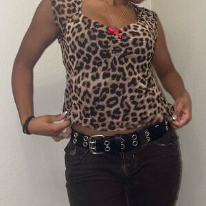 Cropper Leopard Print Shirt with Red Bow Detail | Size Small